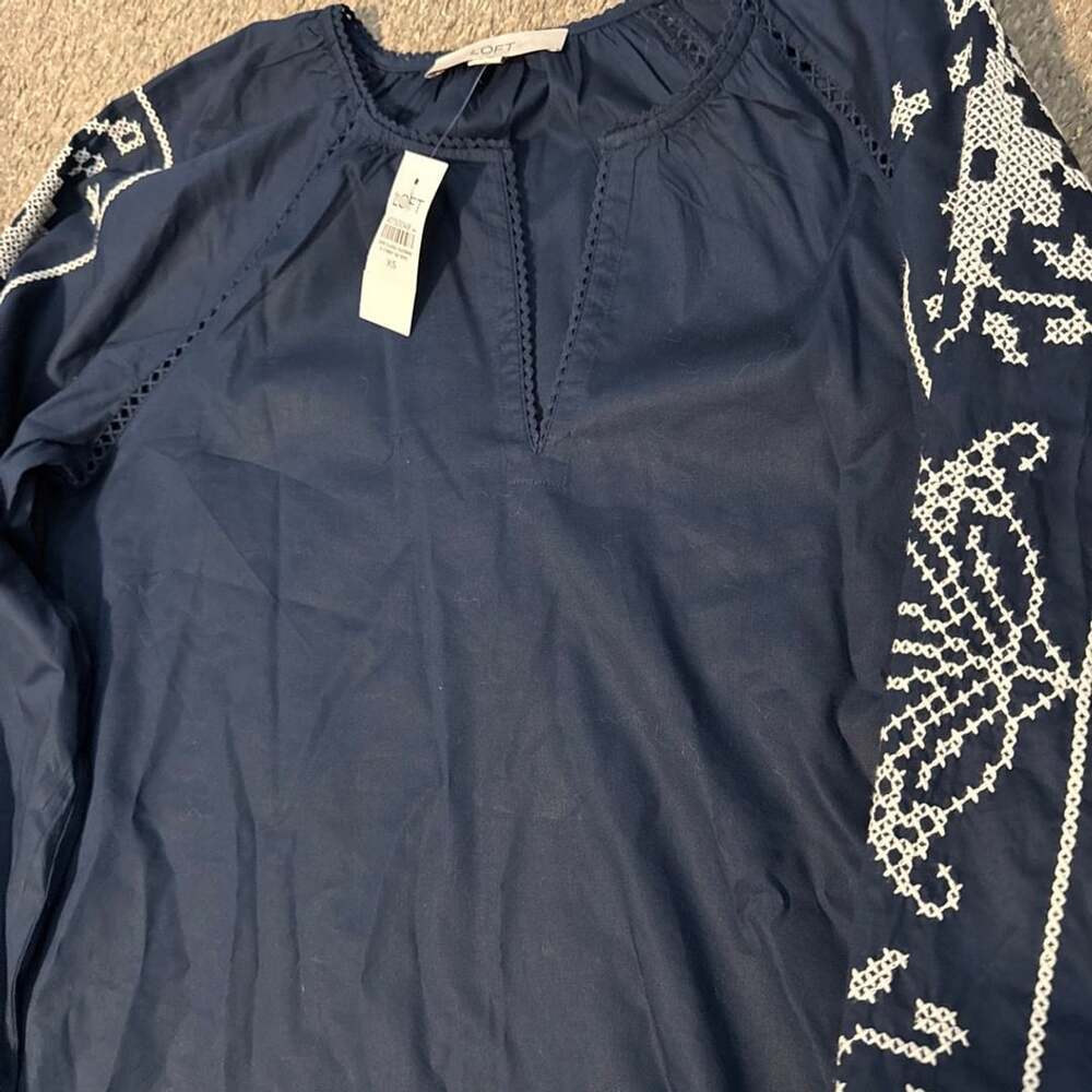 Loft Embroidered Dress Size Xs Blue White Mini Split